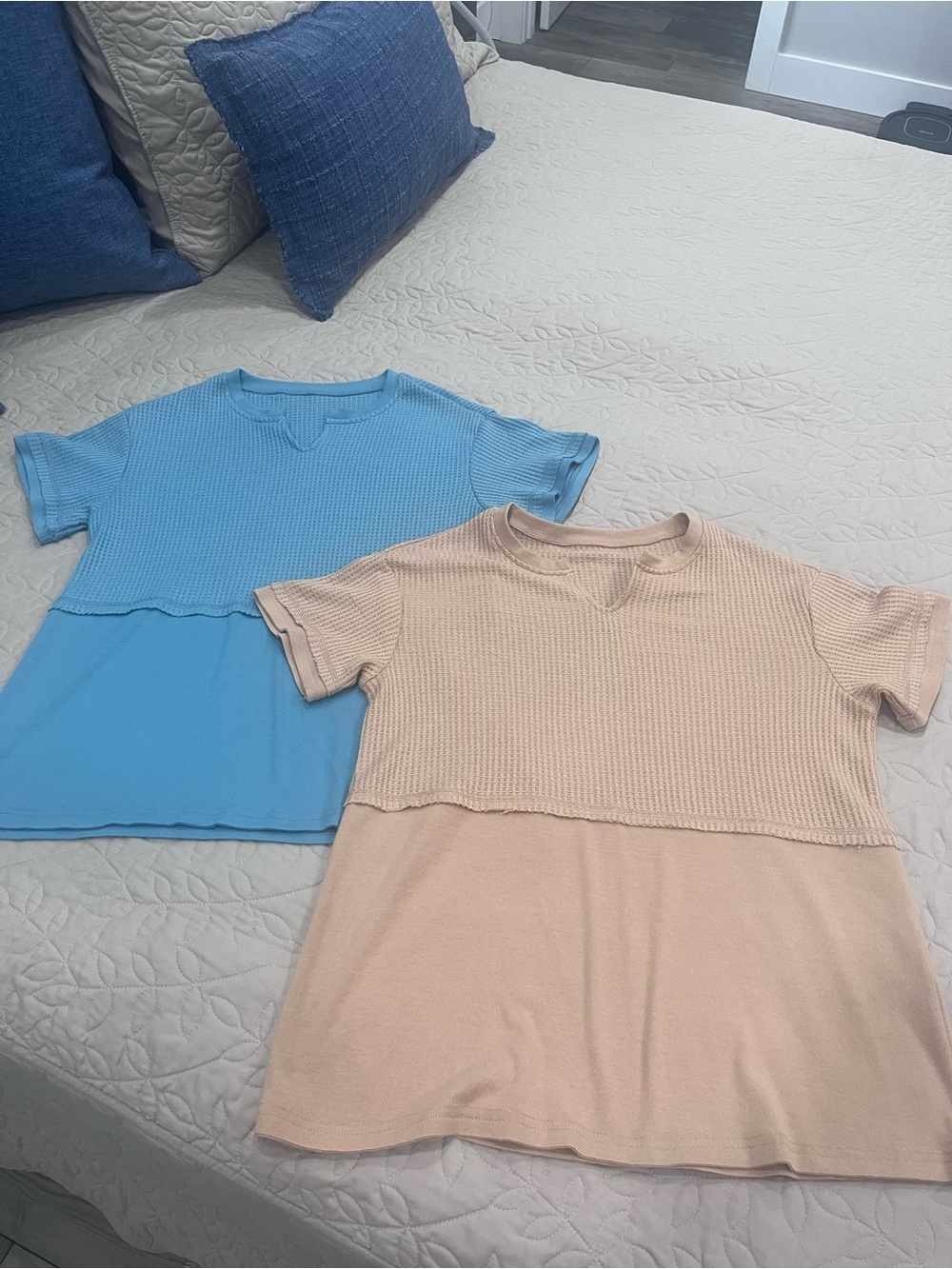 Two Waffle Knit Layered Tees - Teal Blue & Apricot